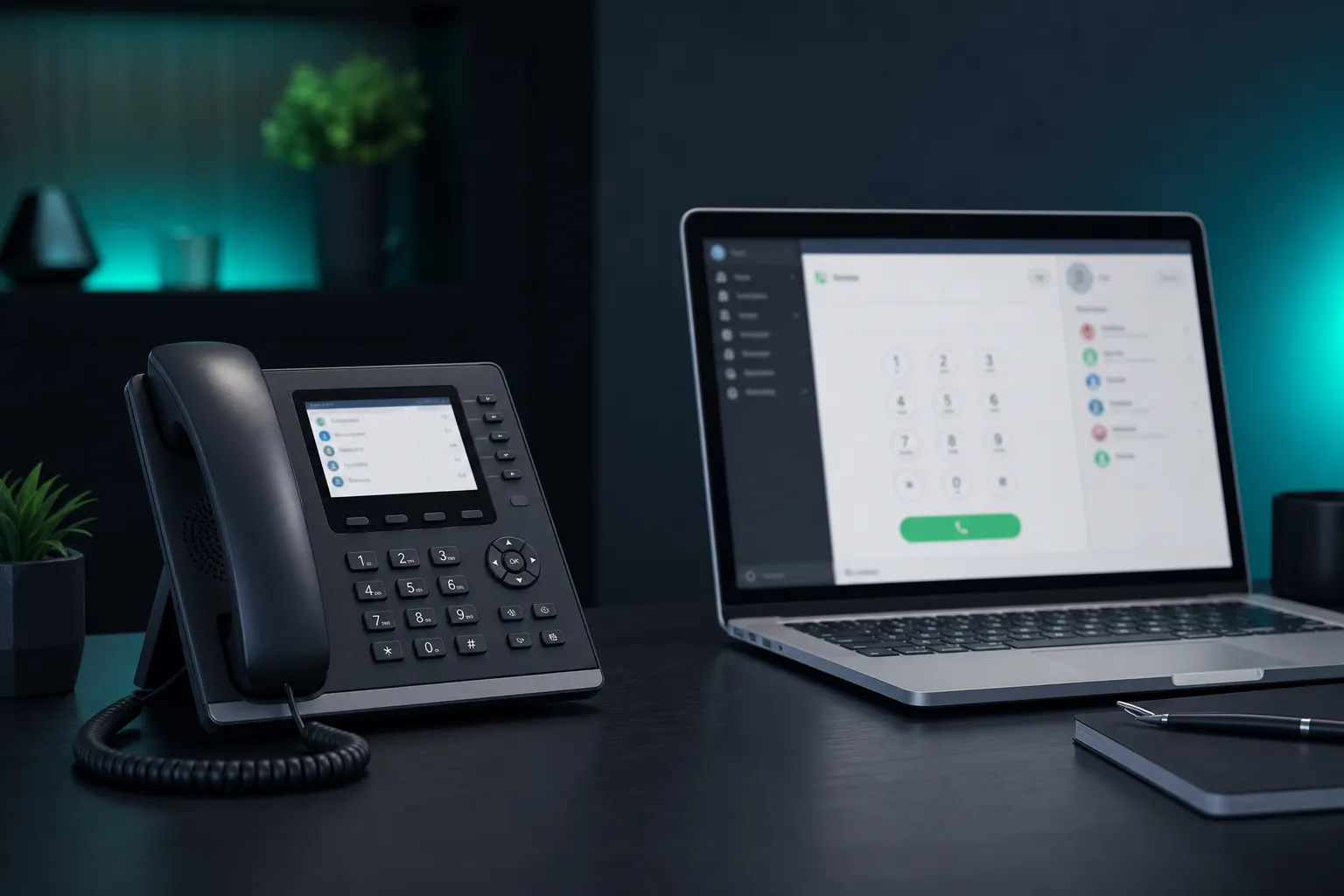 Desk phone beside a laptop softphone