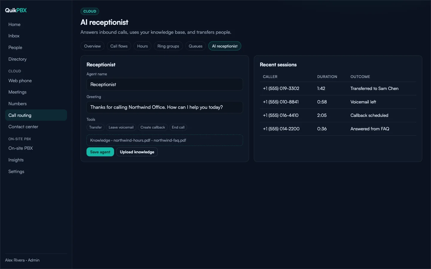 AI receptionist agent settings, knowledge files, and recent session outcomes