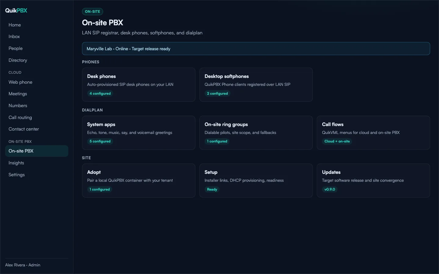 On-site PBX hub in QuikPBX