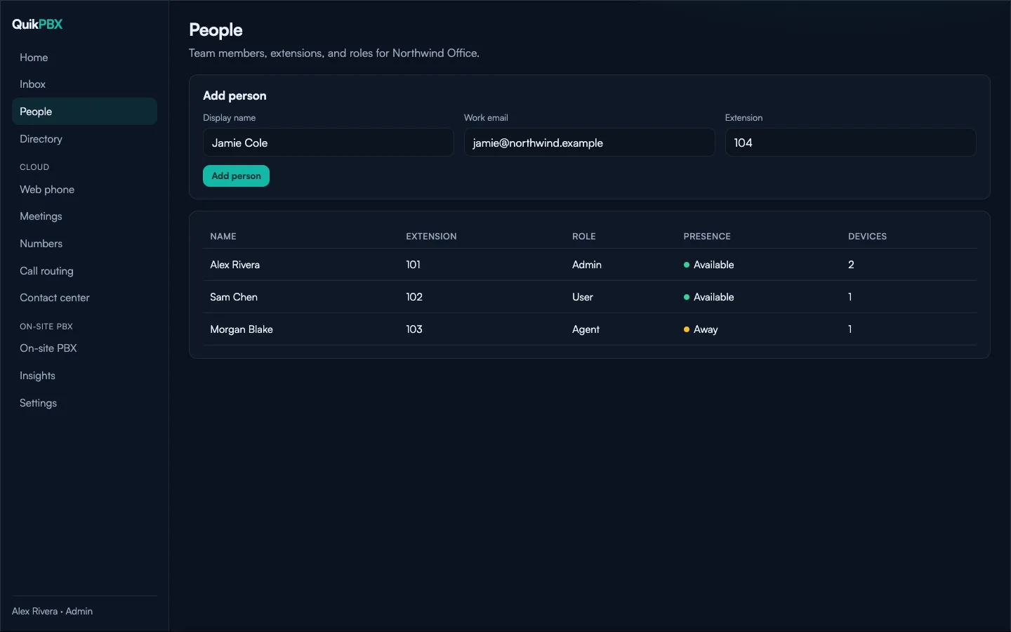 People page with team members and extensions for a demo office